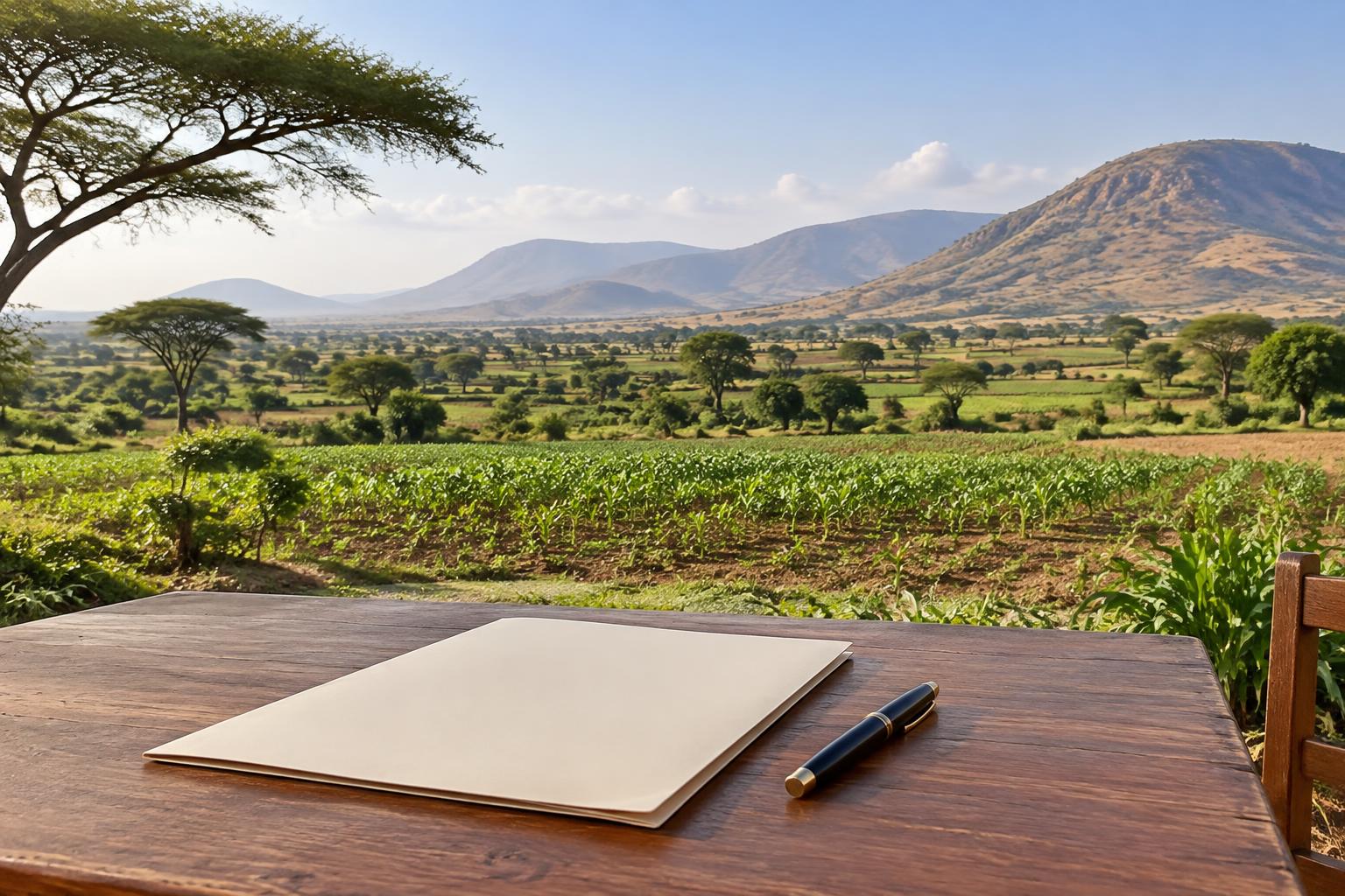 Illustration of Tanzanian farmland and legal documents
